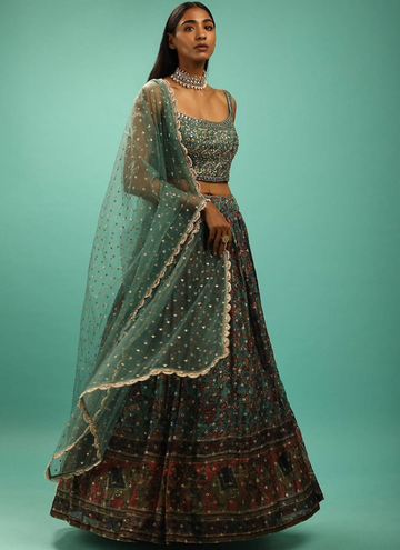 Charming Green Color Chinon Silk Flared Lehenga Choli